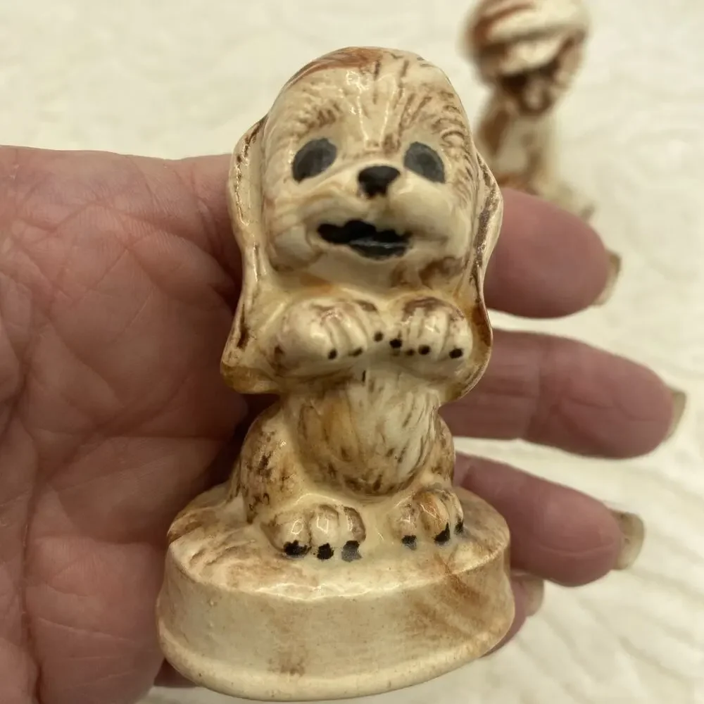 Handmade Glazed Boy with Little Dog Figurines Brown Swirl 2.5” Tall